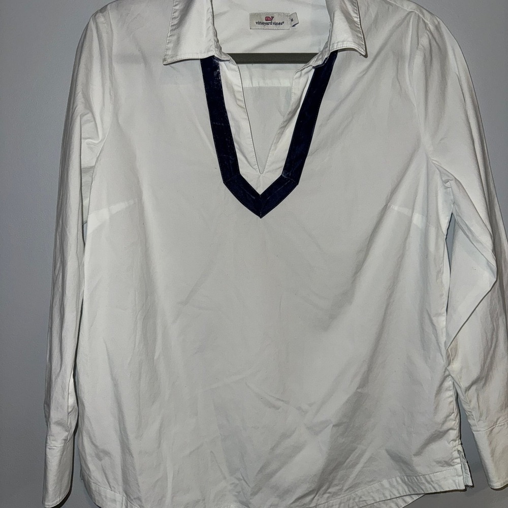 Vineyard Vines Velvet Trim Stretch Cotton Popover Blouse in White Cap